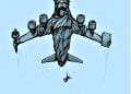 America's Lady Liberty Plane in flight while desperate fleeing Afghanis fall from the sky.